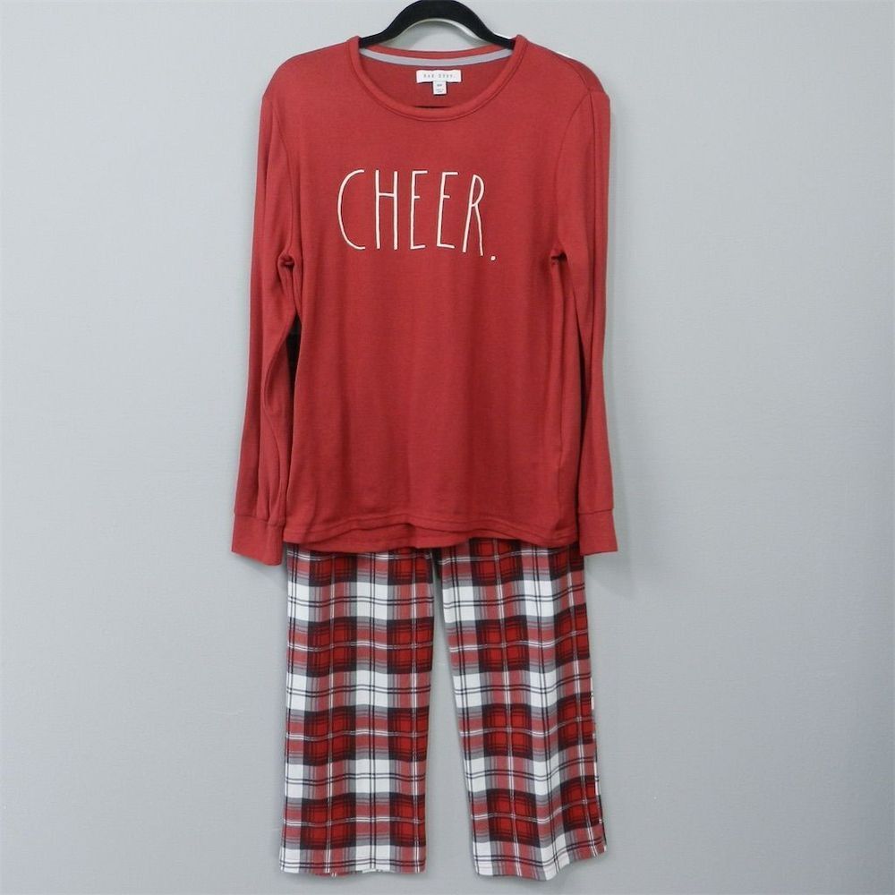 Rae Dunn Red Pajama‎ Set Size M Winter Cozy Holiday Lounge Cheer Graphic Plaid